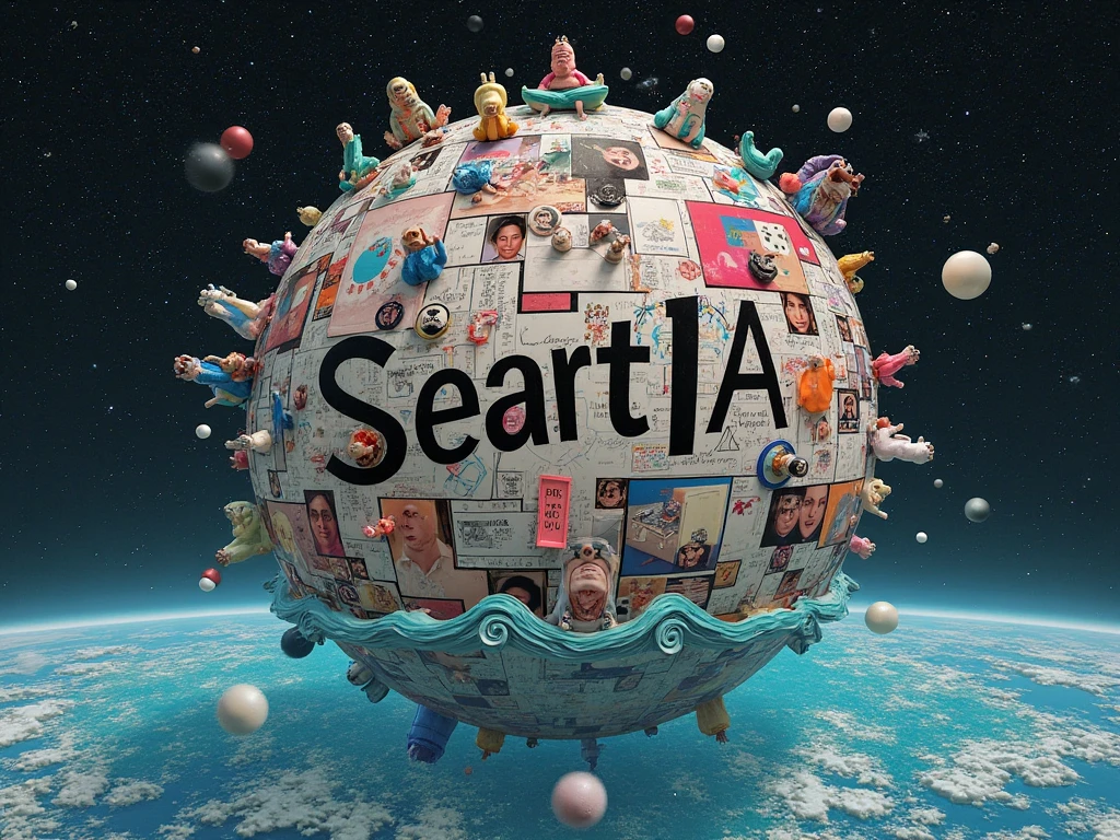  Logo written on it "SeartIA": A surreal collage of human faces, handwritten notes, satellite images and hood toys, all melting and merging together, suspended in a digital ocean under a starry sky of floating algorithmic symbols.
