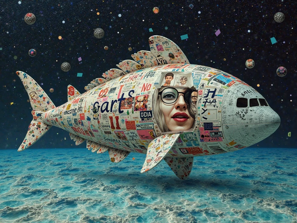  Logo written on it "SeartIA": A surreal collage of human faces, handwritten notes, satellite images and hood toys, all melting and merging together, suspended in a digital ocean under a starry sky of floating algorithmic symbols.
