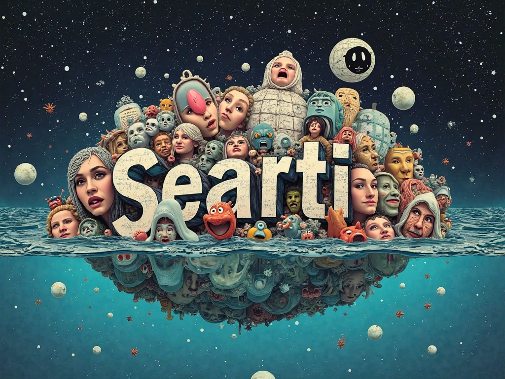  Logo written on it "SeartIA": A surreal collage of human faces, handwritten notes, satellite images and hood toys, all melting and merging together, suspended in a digital ocean under a starry sky of floating algorithmic symbols.
