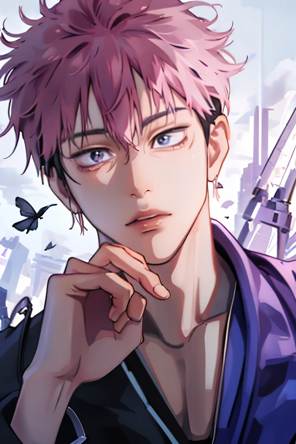 고화질, hyperrealistic, Masterpiece, fine detail, vibrant colors, Magical energy that reveals powerful witchcraft abilities is gathered in his hands. Referring to Touji Fushiguro,, strong expressions and movements is in the center. behind him. The main character's clothes are fluttering in the wind, and the protagonist with, The character's muscular body and determined eyes are gathered in his hands. An extremely detailed 3D rendering of a magic rotation Fushiguro Touji illustration.