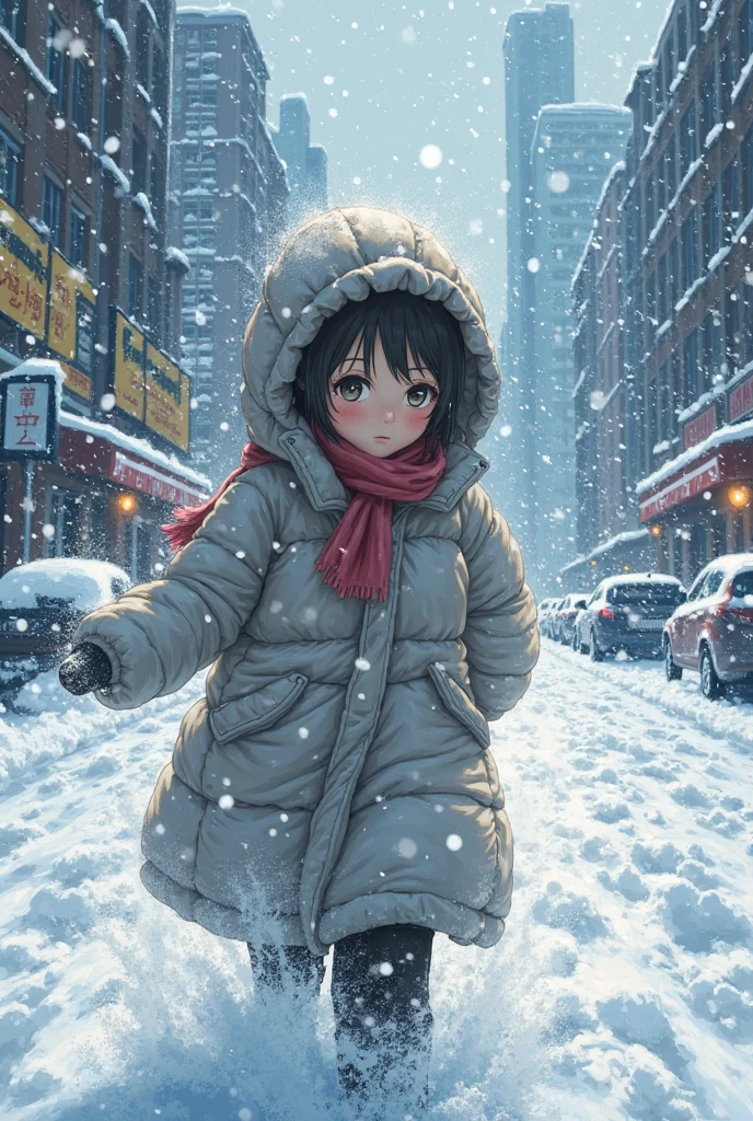 Picture of a girl wearing a down coat being blown by a blizzard and freezing in a frozen city　anime-style