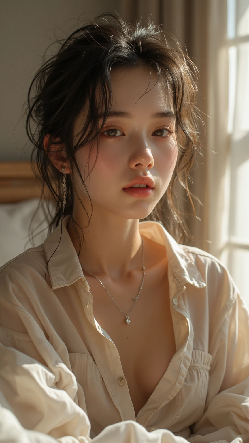 Blushing, One girl, High resolution, look up, accurate, Highest quality, masterpiece, Character portrait, Overexposure, Chiaroscuro, 8k octane, 3D Rendering, Cinematography,