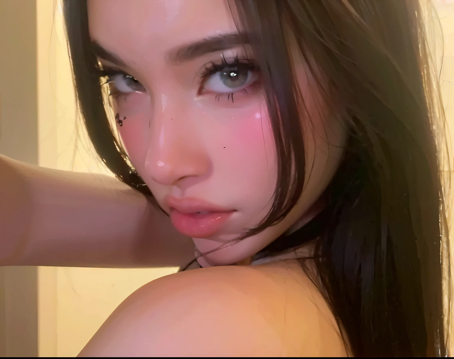 (a detailed portrait RAW photo of a gorgeous beautiful ((German)) , realistic, solo, side view, POV, looking in camera, intense stare, (masterpiece),(photorealistic:1.3), nfsw, ultra-detailed, (high detailed skin:1.2),(best quality:1.0), (ultra highres:1.0), fit, back light, slim, beautiful, Wearing a halter neck bra, revealing clothing, red and black lace bra, long hair, messy hair, 2 strands of hair tendrils, bangs, Captured from an above view angle, The scene set on bed. Best quality, 4k, Masterpiece :1.3), pretty woman, 1girl, (breasts, attractive body :1.2), abs :1.1, red brown hair: 1.1, makeup, black eyeshadow, black eyeliner, black mascara, red blush, ultra-detailed face, detailed lips, mouth closed, red lipstick, detailed eyes, bright green eyes, double eyelid, (sweaty body, sweating, wet body :1.2), (wet clothing), (wet hair), legs wide open, sprawled on bed