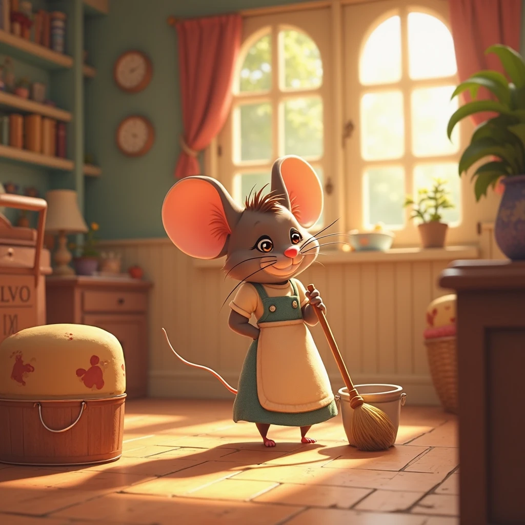 A charming animated scene: A little cartoon mouse in an apron sweeps the floor with a broom and bucket inside a cozy, beautifully decorated house. The camera gently pans around the room, highlighting the mouse's cheerful movements and the delightful details of the home.