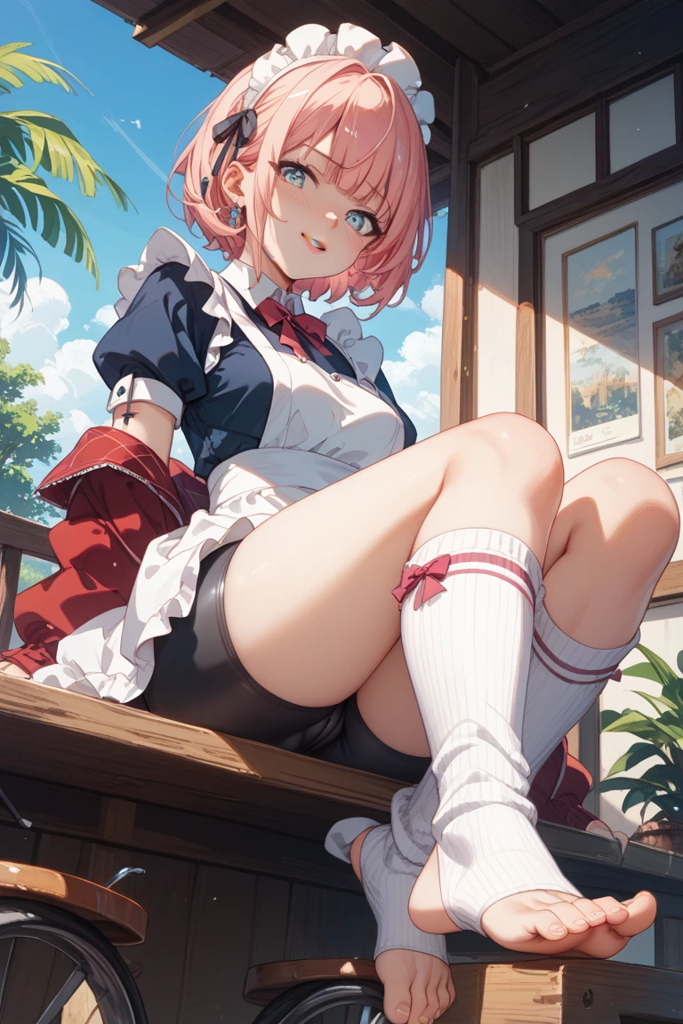1girl, big ass, big breasts, white stockings, light brown underwear, fair skin, light pink eyes, red-green hair, yellow parts of underwear, undressed, sexy, apple tree
