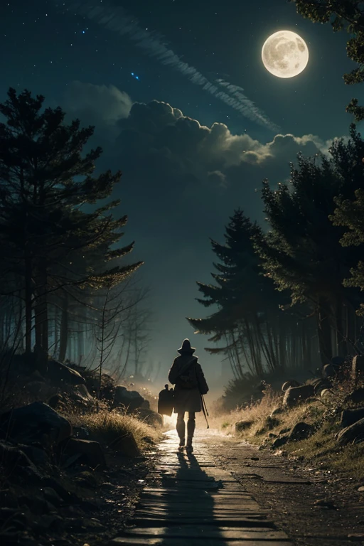 > “A heroic black bird walking alone on a forest path under moonlight, carrying a small glowing satchel. Epic fantasy style, night scene, 4k.”