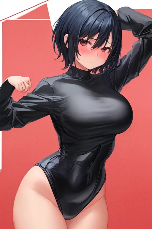 (high quality, 8k, 4K, high contrast, artwork:1.2, high quality, best aesthetics), (dynamic angle), ((1 woman)), erotic, sensual, mature body, super detailed, beautiful face detailed, detailed beautiful mouth, perfect breasts, wide thighs, sexy body, black hair, short hair, short straight hair, long hair bangs, black blindfold, blindfolded, black blindfold covering the eyes, long black poncho covering the entire body, serious facial expression, villain, standing, centered, erect body posture.