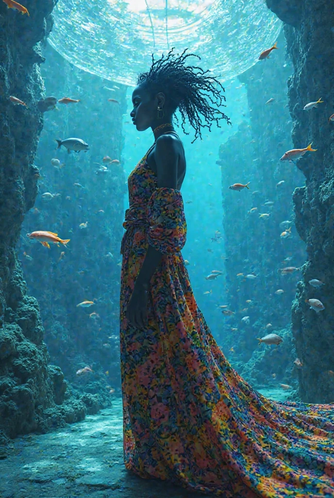 Highly detailed, ultra-HD underwater scene showing a regal Black woman in flowing neon Ankara robes adapted for aquatic movement, standing at the edge of a glass dome walkway in an underwater cyberpunk city. Schools of glowing fish and cyber-jellyfish swim by as towering futuristic buildings rise around her. Her hair floats in gravity-free strands and her glowing visor shows data streaming. Glitching occurs in patches of the dome’s glass—showing shifting scenes from the surface world in black and white.