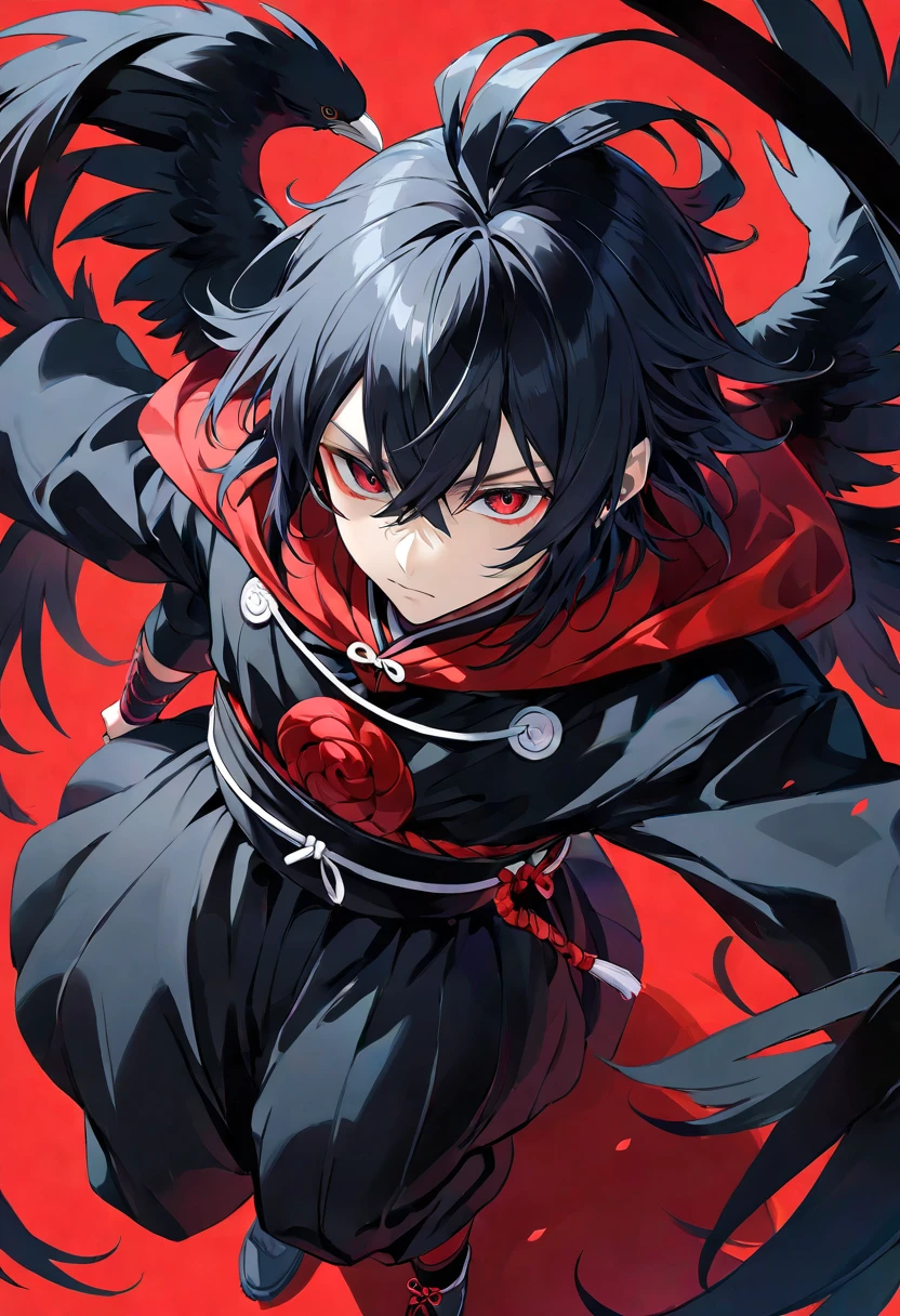 A man with long black hair and pale skin and red eyes, standing, staring at you with a mean expression