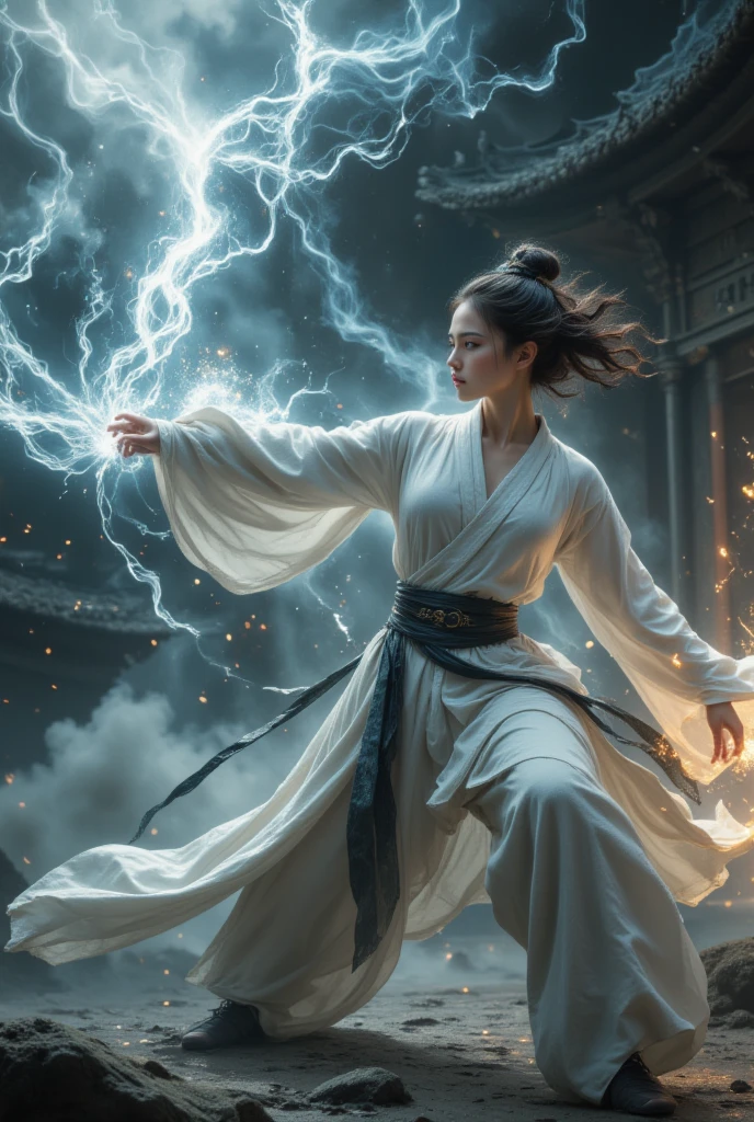 beautiful, gorgeous, Chinese, girl, short hair, battle monk, shaolin, white chi energy, kung-fu, combat clothes