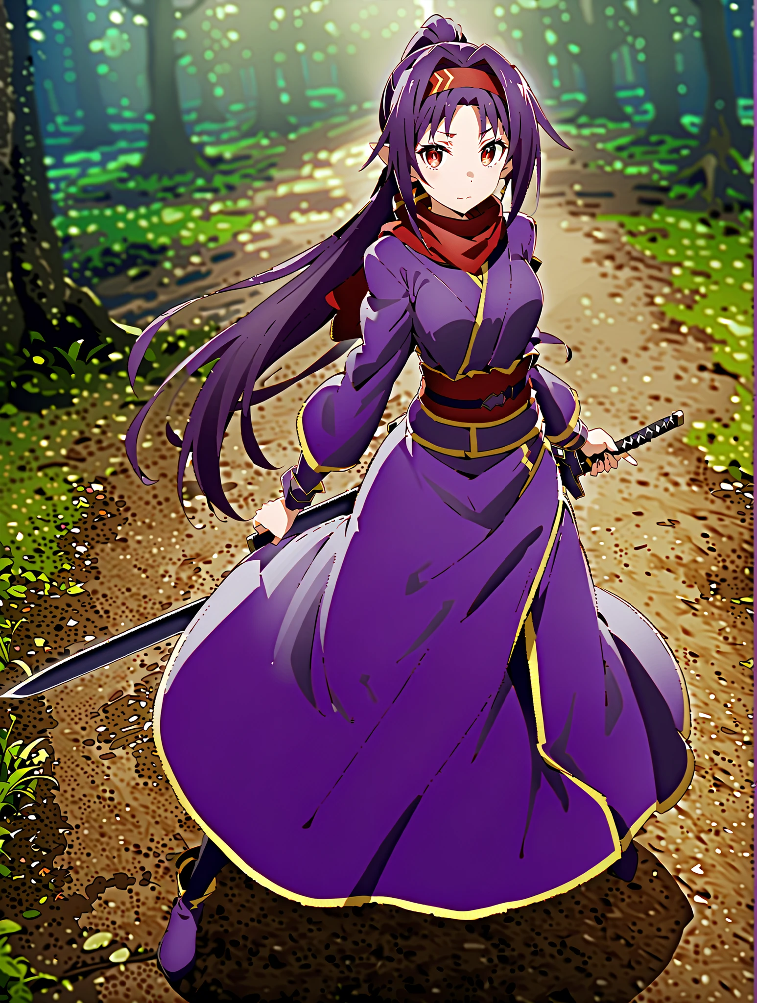 score_9, score_8_up, score_7_up, sauce_anime,
yuukikonno, Konno Yuuki, Headband, long hair, pointed ears, purple hair, stupid hair,red eyes,ponytail, purple kimono , purple spots , red scarf,boots,真swordな,
抜knife術の構え, Viewer, holding, weapons, sword, holding weapons, holding sword, standing, knife, sheath, sheathed, combat posture, night ,Trail,full bodyがIllustration of both eyesに入るように,break outdoors,nature,forest,
break looking at viewer,full body,
break (masterpiece:1.2), top quality, high resolution, Unity 8K Wallpaper , (Illustration of both eyes:0.8), (beautiful detailed eyes:1.6), has a very detailed face, PERFECT LIGHTING, very detailed CG, (perfect hand, Perfect Anatomy),full body photo,