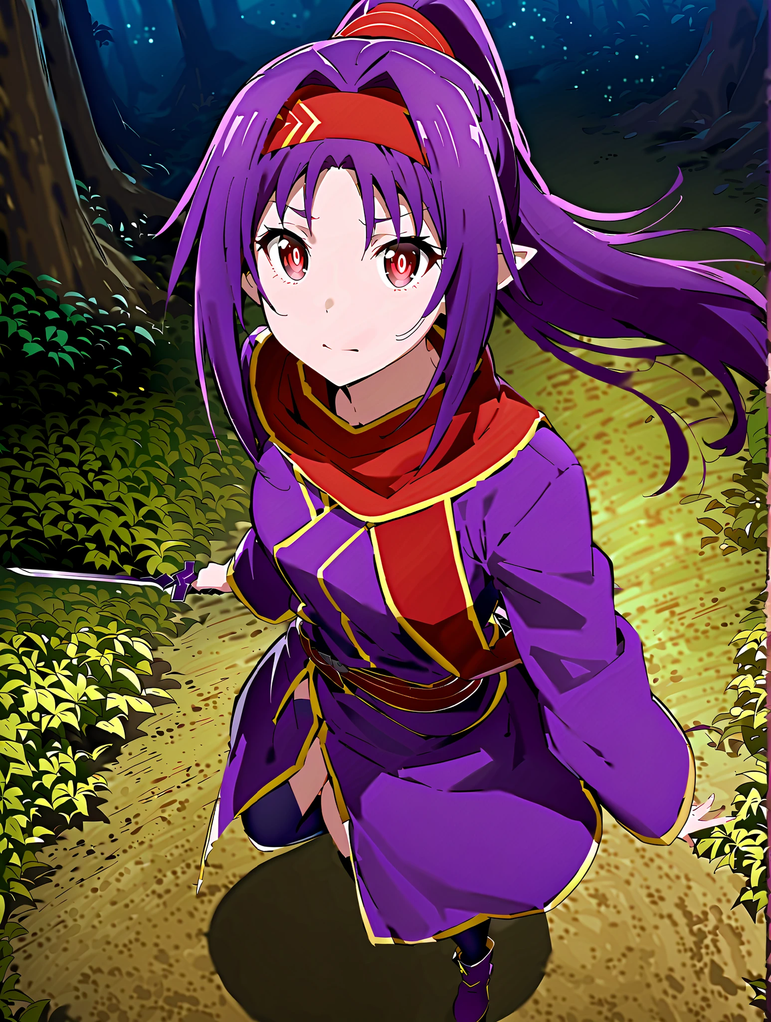 score_9, score_8_up, score_7_up, sauce_anime,
yuukikonno, Konno Yuuki, Headband, long hair, pointed ears, purple hair, stupid hair,red eyes,ponytail, purple kimono , purple spots , red scarf,boots,真swordな,
抜knife術の構え, Viewer, holding, weapons, sword, holding weapons, holding sword, standing, knife, sheath, sheathed, combat posture, night ,Trail,full bodyがIllustration of both eyesに入るように,break outdoors,nature,forest,
break looking at viewer,full body,
break (masterpiece:1.2), top quality, high resolution, Unity 8K Wallpaper , (Illustration of both eyes:0.8), (beautiful detailed eyes:1.6), has a very detailed face, PERFECT LIGHTING, very detailed CG, (perfect hand, Perfect Anatomy),full body photo,