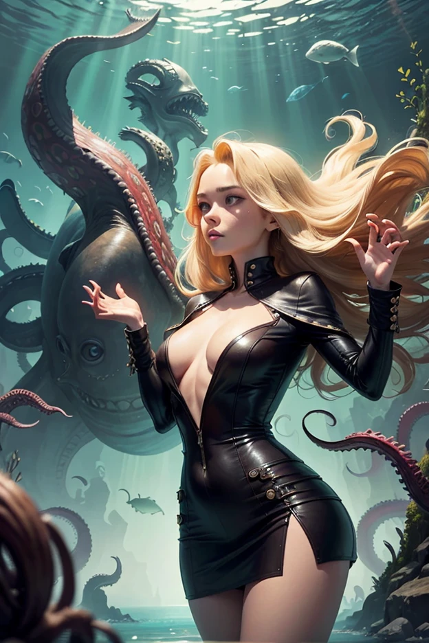 Tomokazu Matsuyama, Rowena Morrill, Sandro Chia, James C. Christensen, Tsuguharu Foujita, Surrealism Mysterious Weird Fantastic Fantastic Sci-Fi, Japanese Anime, Kraken in a Giant Glass Aquarium, a beautiful blonde miniskirt girl Alice looking up at the aquarium and looking at the Kraken, perfect voluminous body, low high angles perspectives detailed masterpiece 