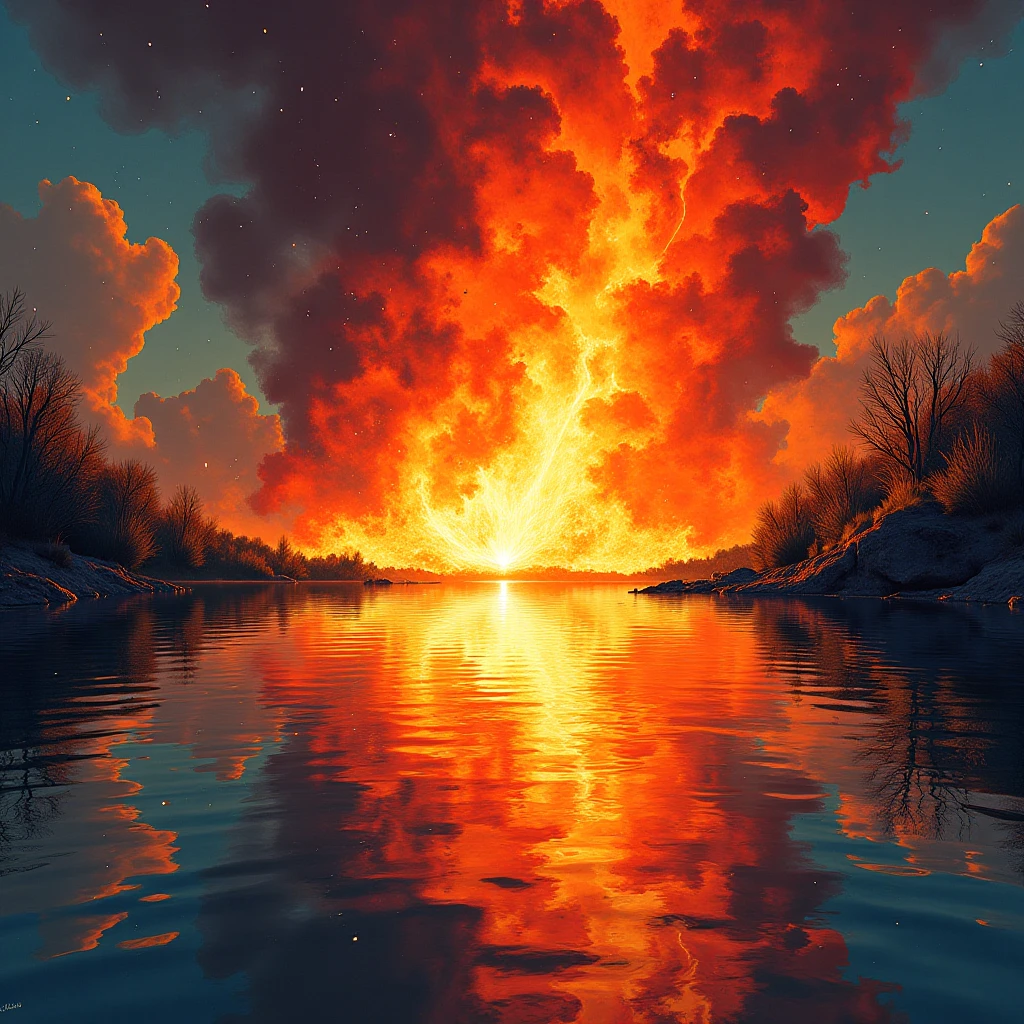 fire over water. 70s style illustration. 