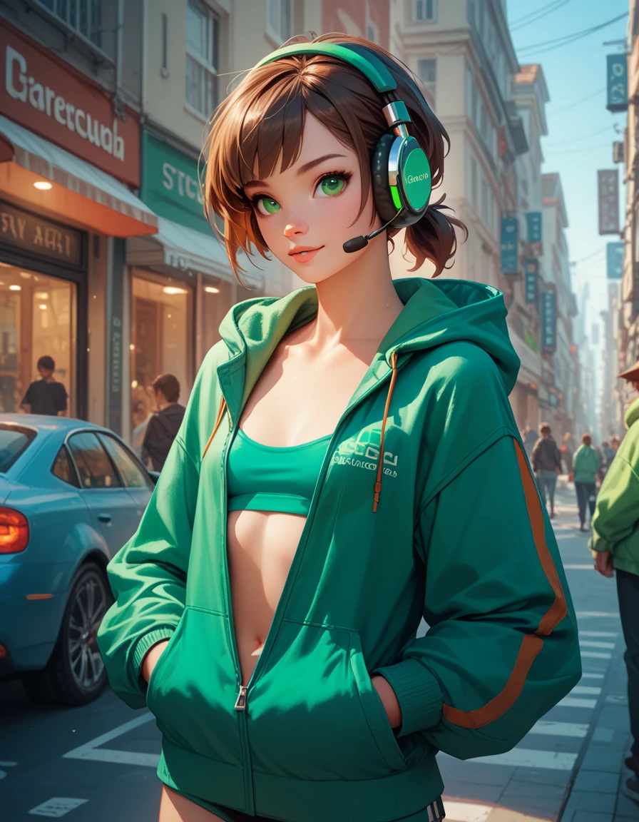 girl, short brown hair, short ponytail, vivid green eyes, wearing a skin colored body suit, open hoodie, green hoodie, small breasts, perfect anatomy, striding confidently down a city street, very detailed, wearing headphones