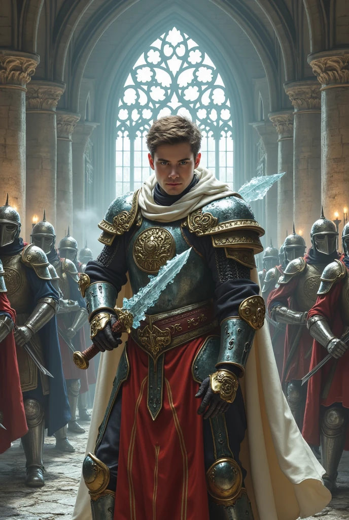 Realista,Young King Henry holding a sturdy ice sword, wearing vibrano armor with white details, inside a, monastery with an army of soldiers.