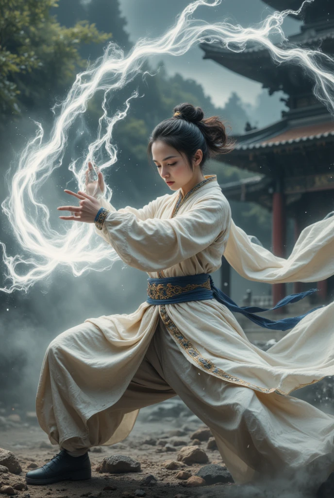 beautiful, gorgeous, Chinese, girl, short hair, battle monk, shaolin, white chi energy, combat clothes