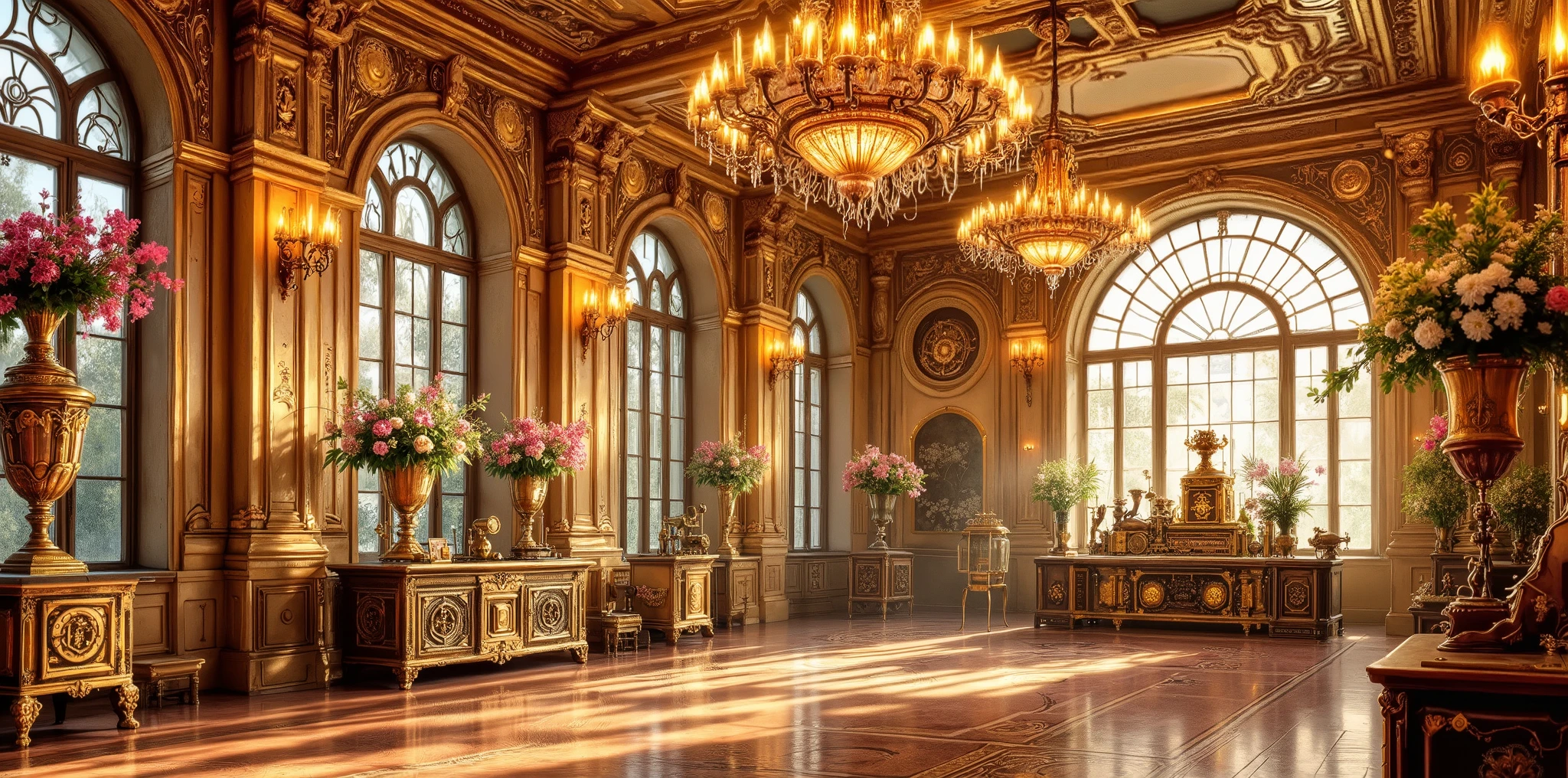 A highly detailed and huge luxurious ballroom, decorated with golden chandeliers, intricate carvings on the walls, and large windows with bright sunlight streaming through. Rich, lavish floral arrangements in elegant vases adorn the space. The floor is polished to a shine with beautiful patterns. The opulent room exudes a sense of grandeur and sophistication, all with a steampunk twist, featuring brass gears embedded into the walls and vintage steam-powered devices scattered around.