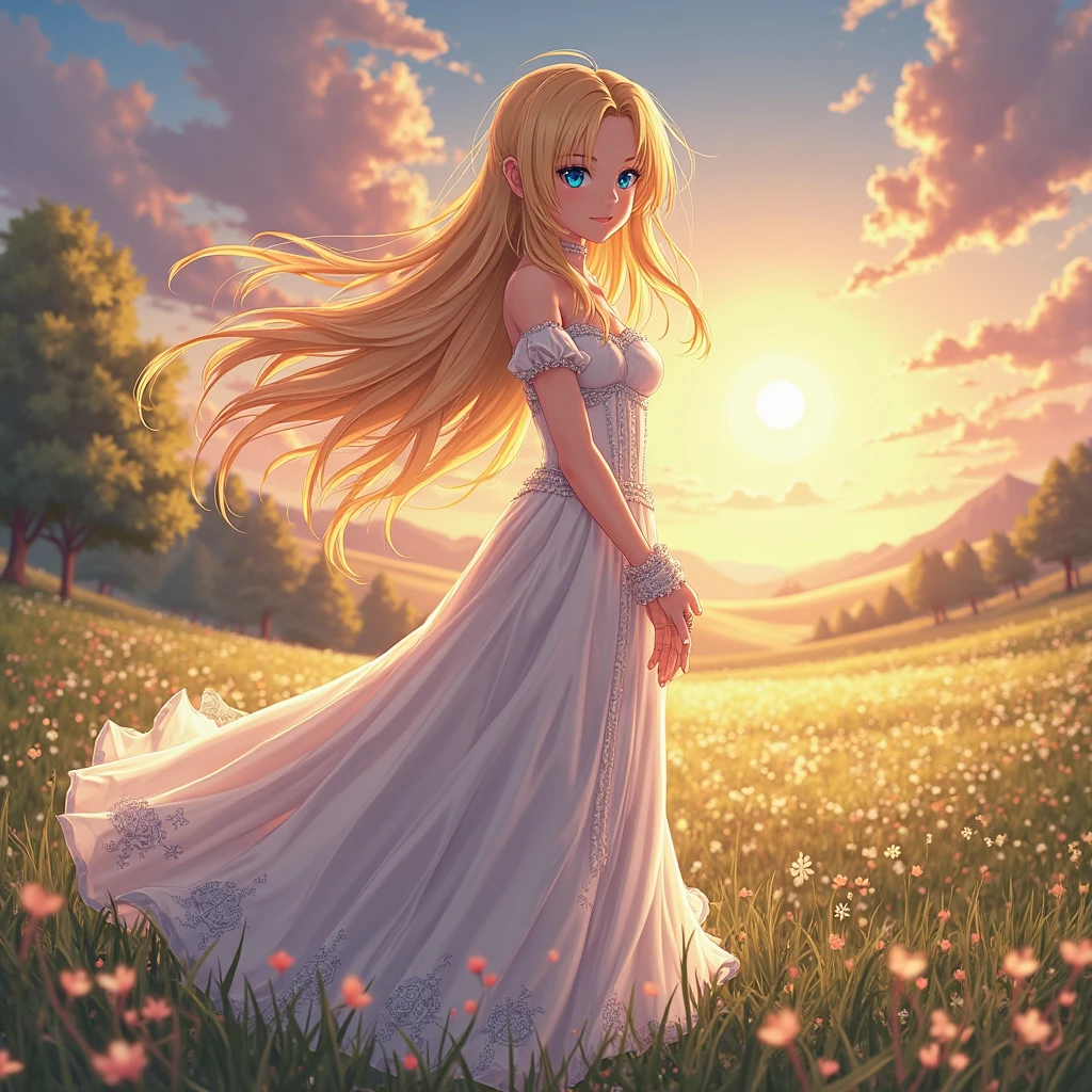 “A beautiful anime-style illustration of Saber from Fate series, wearing her elegant Avalon dress. She stands gracefully in a glowing, mystical meadow, bathed in golden twilight. Her long blonde hair flows gently in the wind, and her blue eyes shine with calm determination. The Avalon dress is detailed with white accents, flowing fabric, and subtle magical runes.”