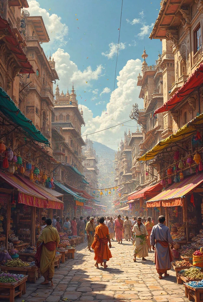 State of ancient India where in the market  people working on sreet and some buying things 