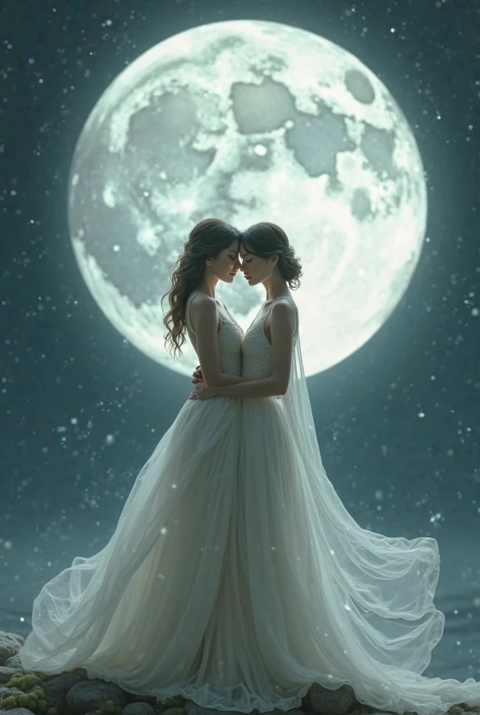 Two women dressed in white and holding hands over the big Moon 