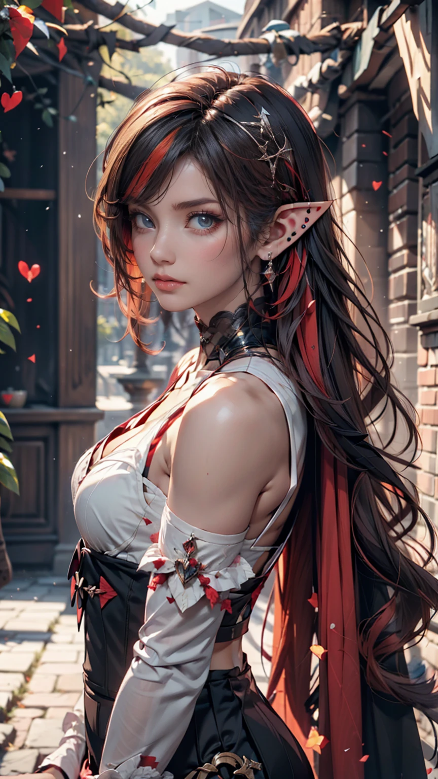  Pastel Goth AI, elf, pointed ears, black hair with red streaks