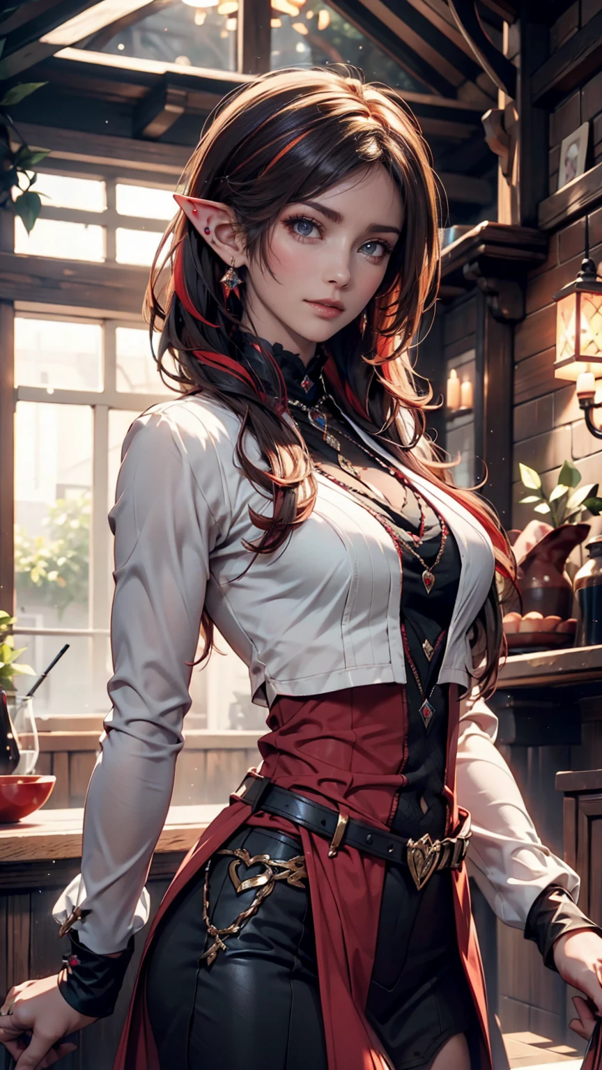  Pastel Goth AI, elf, pointed ears, black hair with red streaks