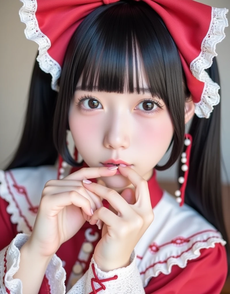 best quality, tmasterpiece,Ultra-high resolution,Clear face,(Reality:1.4),ferpect lighting,(upper body), (photorealistic:1.50), anime wallpaper, Guviz style artwork, cover-up fantasy up to magic , by Yang J, Guviz, beautiful artwork illustration, beautiful digital artwork, beautiful digital illustration, Li Song, beautiful anime portrait, art style in Beauvot, 1girl, 独奏, long hair, (twintails:1.5), hair ribbon, (black hair:1.5), bangs, (purple eyes), double eyelids, blush, Red cheeks, Sleeveless, white dress, (Hanfu), (Chinese dress), (medium breast:1.5), shagging breasts, Cleavage, indoor, room, standing, From above, (looking at viwer), smile,