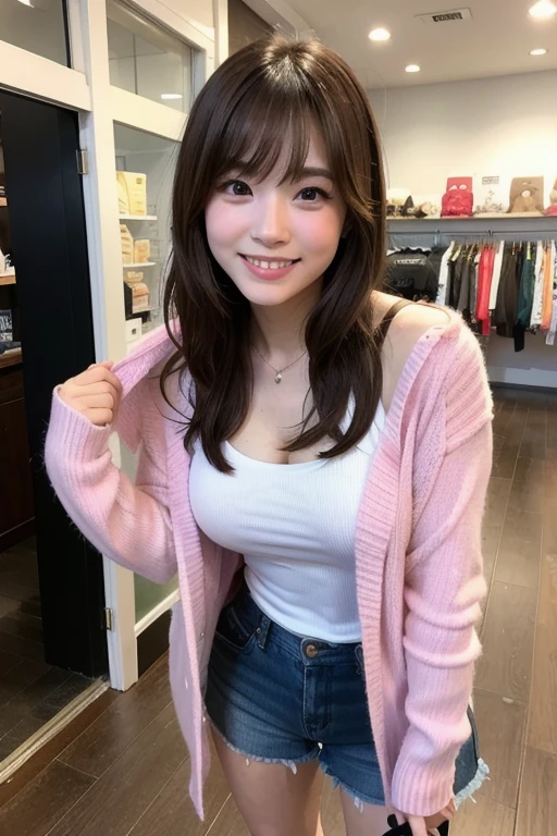 nsfw, An apparel sales clerk leaning forward to explain the product in front of me、Her bare breasts are visible through her blouse、Light pink nipples、Smile and look at me as you speak