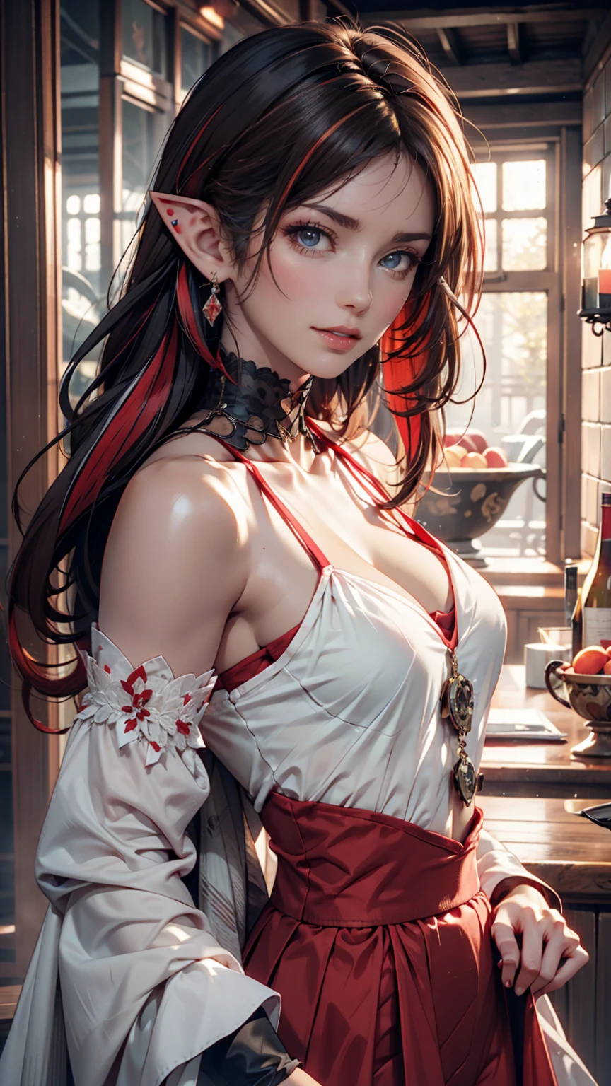  Pastel Goth AI, elf, pointed ears, black hair with red streaks