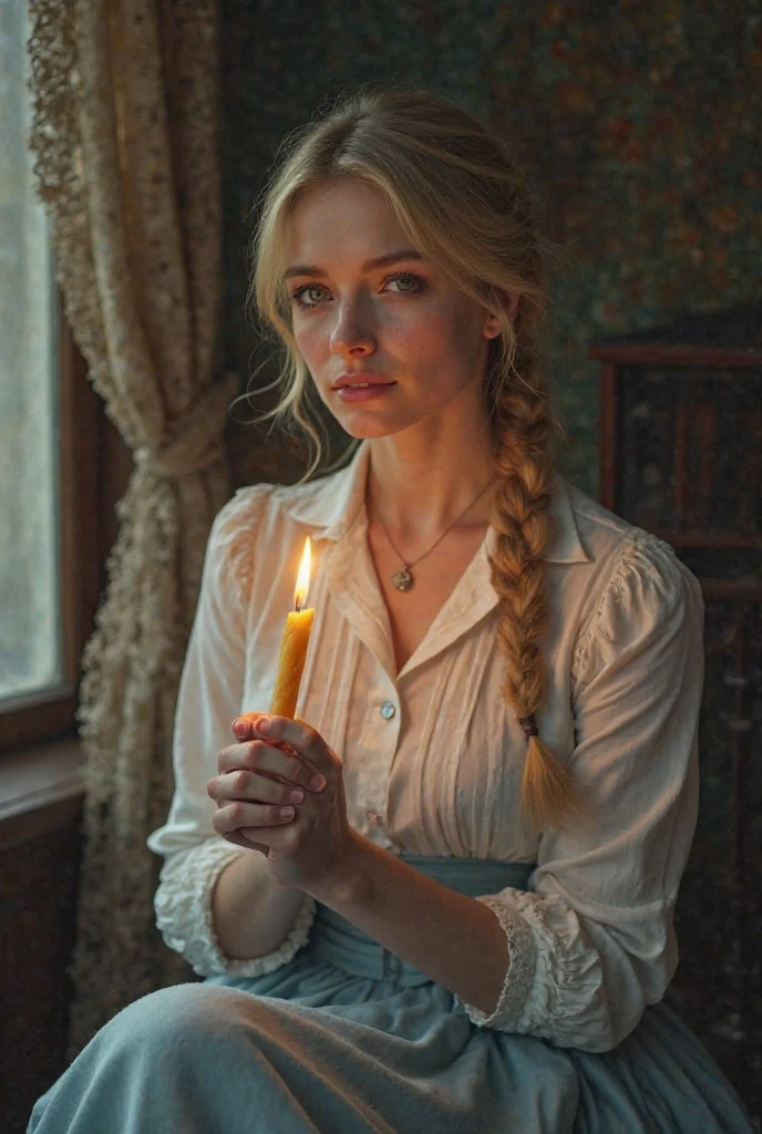 believe me a Russian woman with blonde hair styled in a braid, is white and has expressive green eyes full of innocence, Her face is oval and delicate, She has a small nose and a charming smile, wears a white shirt with a long light blue skirt in the Edwardian style, She is sitting in the dark window holding a burning candle, PhotoRealistic 