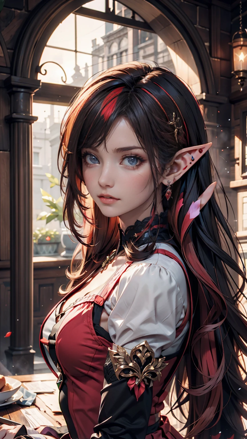  Pastel Goth AI, elf, pointed ears, black hair with red streaks