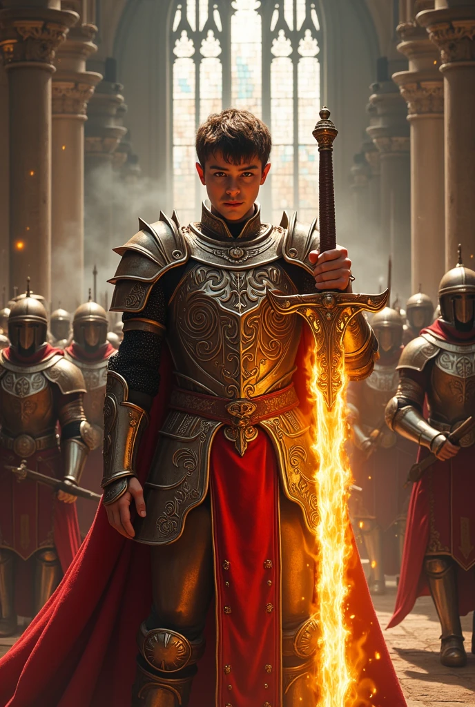 Realista,Young King Henry holding a sturdy sword emanating fire, wearing vibrano armor with white details, inside a, monastery with an army of soldiers.