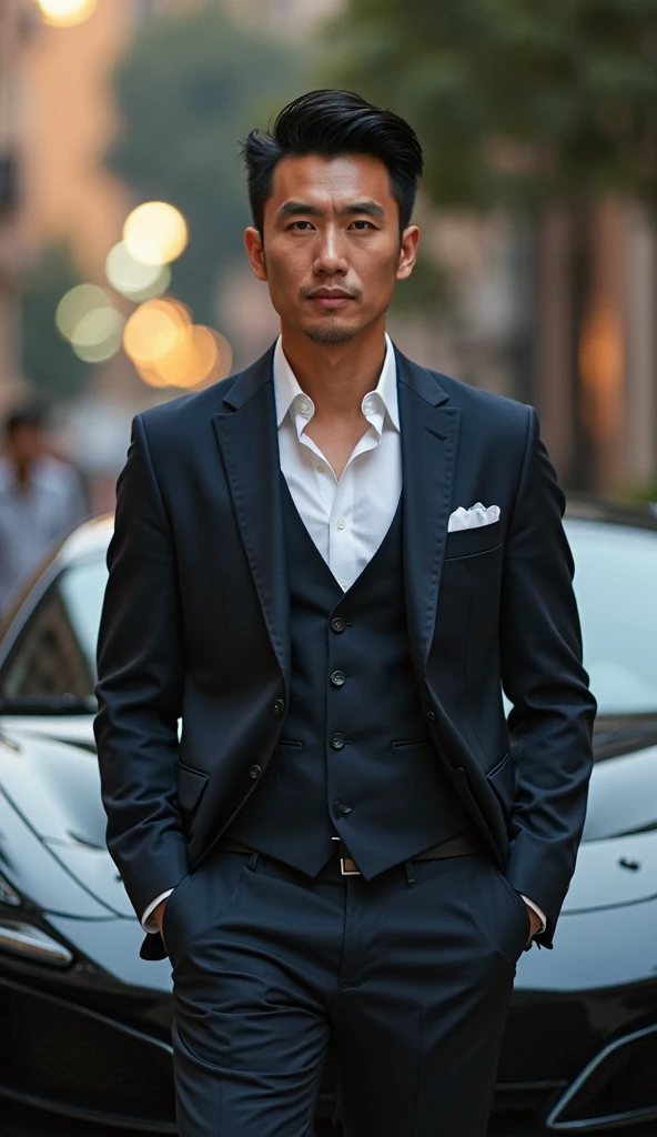 an Asian man in a stylish suit、a realistic photo of him posing with confidence while putting one hand in the car in front of a supercar。a man with a sharp face line and a well-groomed hairstyle、with a cool and calm expression。The background is an upscale urban atmosphere。in photorealistic style、Dramatic Lighting、4K、a classy cinema-style production。