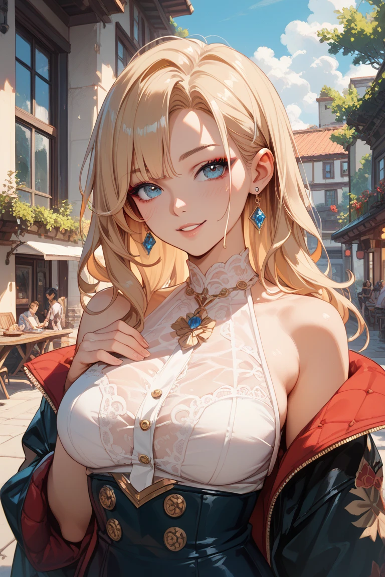 1 milf girl, (dark atmosphere), (highly detailed skin),, cleavage,((old Japanese style)) ,8k quality, ultra sharp, ultra realistic detailed, blue eyes, blonde hair,,red robe