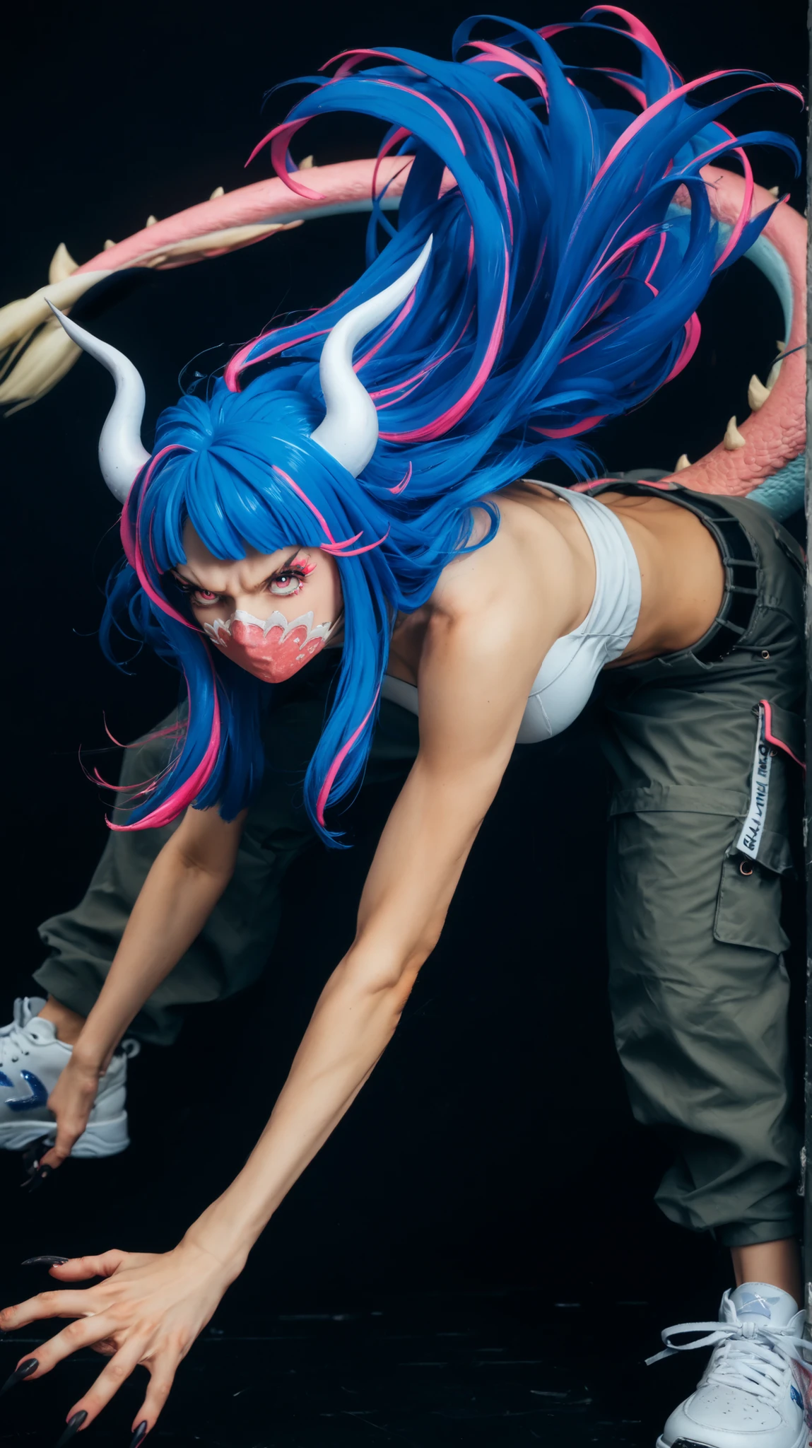 ult1, masterpiece, best quality, absurdres, UltiOP, hybrid form, monster girl, long hair, blue hair, pink streaks, white horns, face mask, claws, tail, animal paws, (dark strapless crop top), (baggy black cargo pants), (white sneakers), (streetwear), (dynamic action pose with both fists forward), (body leaning forward), (intense expression), black background, plain background, white horns, blue hair, pink streaks