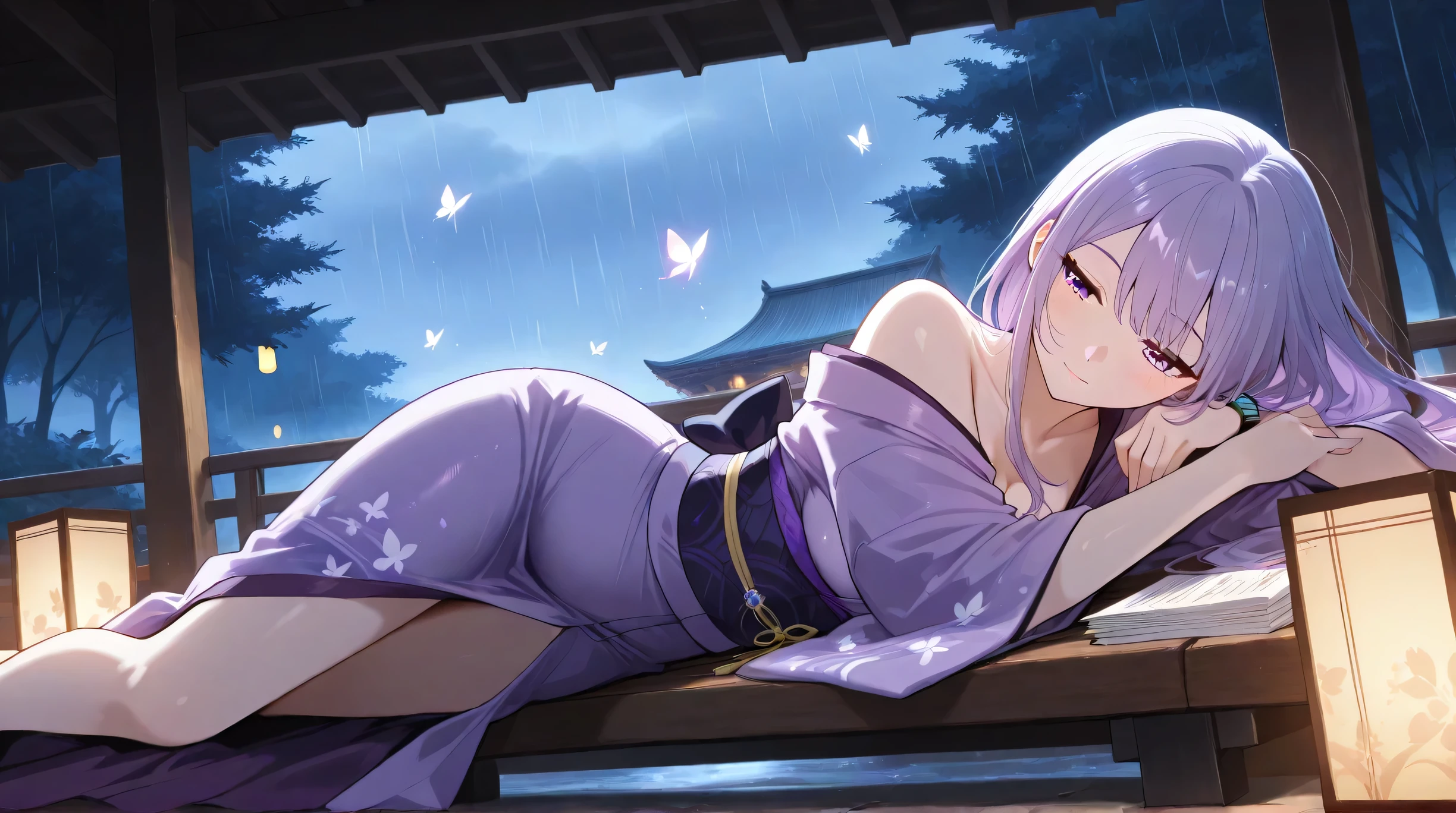 Masterpiece, Best Quality, Top Quality, Very Detailed, 1 girl, An anime girl with long lavender hair flowing over her shoulder, lying sideways on a wooden bench during a rainy evening. She wears a soft purple kimono and watches glowing butterflies dancing in the air. Traditional architecture and paper lanterns glow warmly in the distance. Rain adds a soft shimmer to the scene. Dreamy atmosphere, romantic lighting, anime art style.