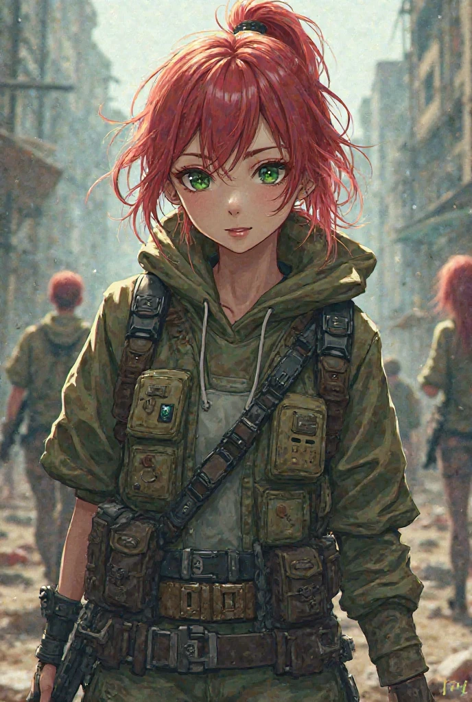  Survivor of a post-apocalyptic zombie world, anime style, red hair, green eyes, Soft lips, pele clara, military equipment and weapons ,  military clothing.
