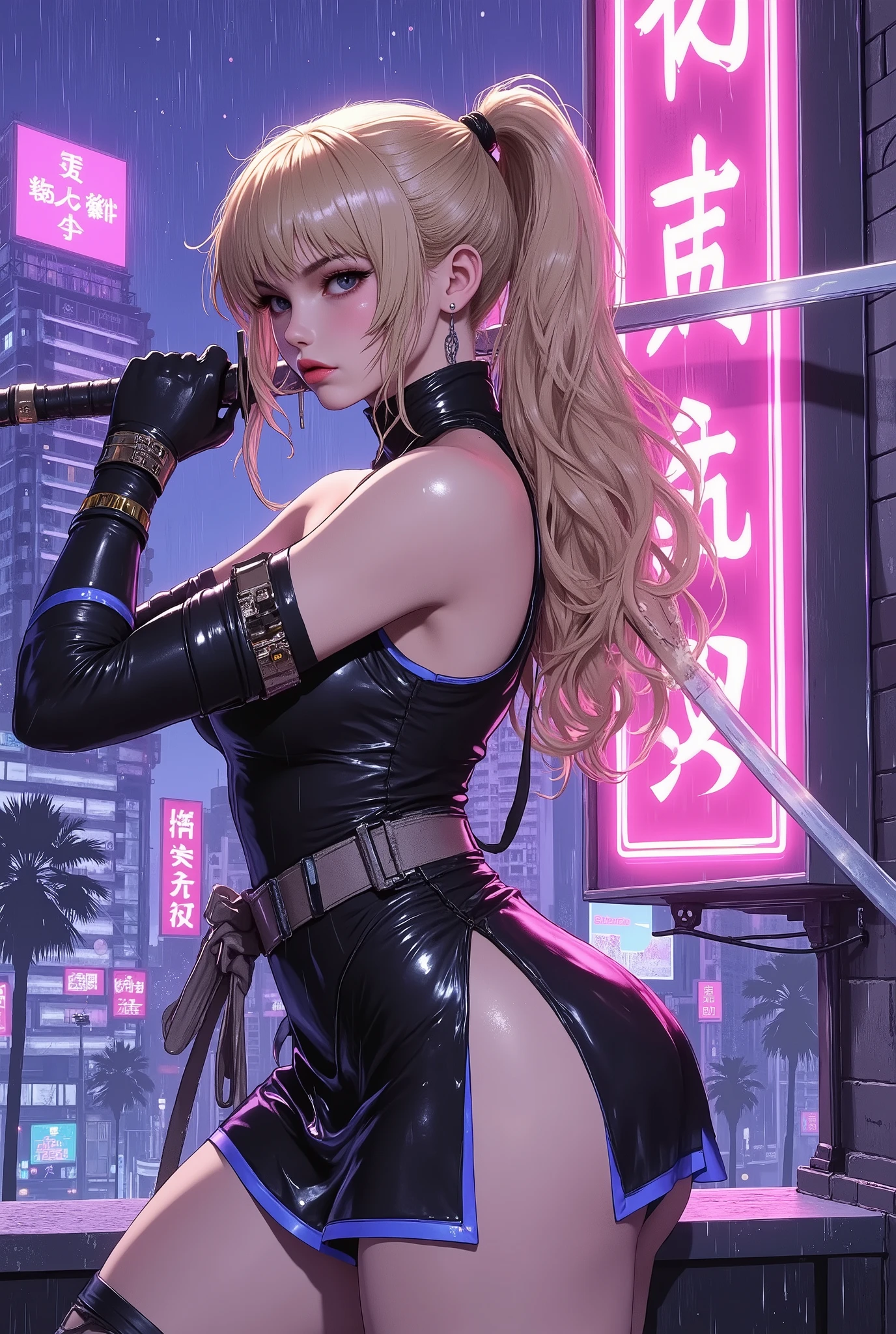 A female cyber ninja, ((Thunderbolt of vapor wave. Thunderclouds.)),full body,She is holding a sword. Combat stance on a rooftop at night, overlooking a neon-lit cityscape inspired by 1980s retro-futurism. She wears a sleek black ninja costume with glowing blue lines, holding a katana with a digital blade. Behind her, holographic kanji signs glow in pink and purple, some mistranslated, evoking a vaporwave aesthetic. The skyline is filled with towering buildings, palm trees, and a shimmering purple sky with stars. Light rain creates reflections on the rooftop surface. Cinematic, moody, VHS-style filter, wide-angle shot.,Miniskirt, sleeveless、genryusai maki,modernretroanime.action,,Blonde hair,Profile
Anime,Slashing. Slash expression.sakuya hime,Beautiful thighs,vaporwave aesthetic,ArsMJStyle , vaporwave,
retro-futuristic Tokyo
digital katana
glitchy hologram
holographic kanji
80s anime style
cyberpunk ninja
rainy rooftop at night
film grain, CRT distortion
