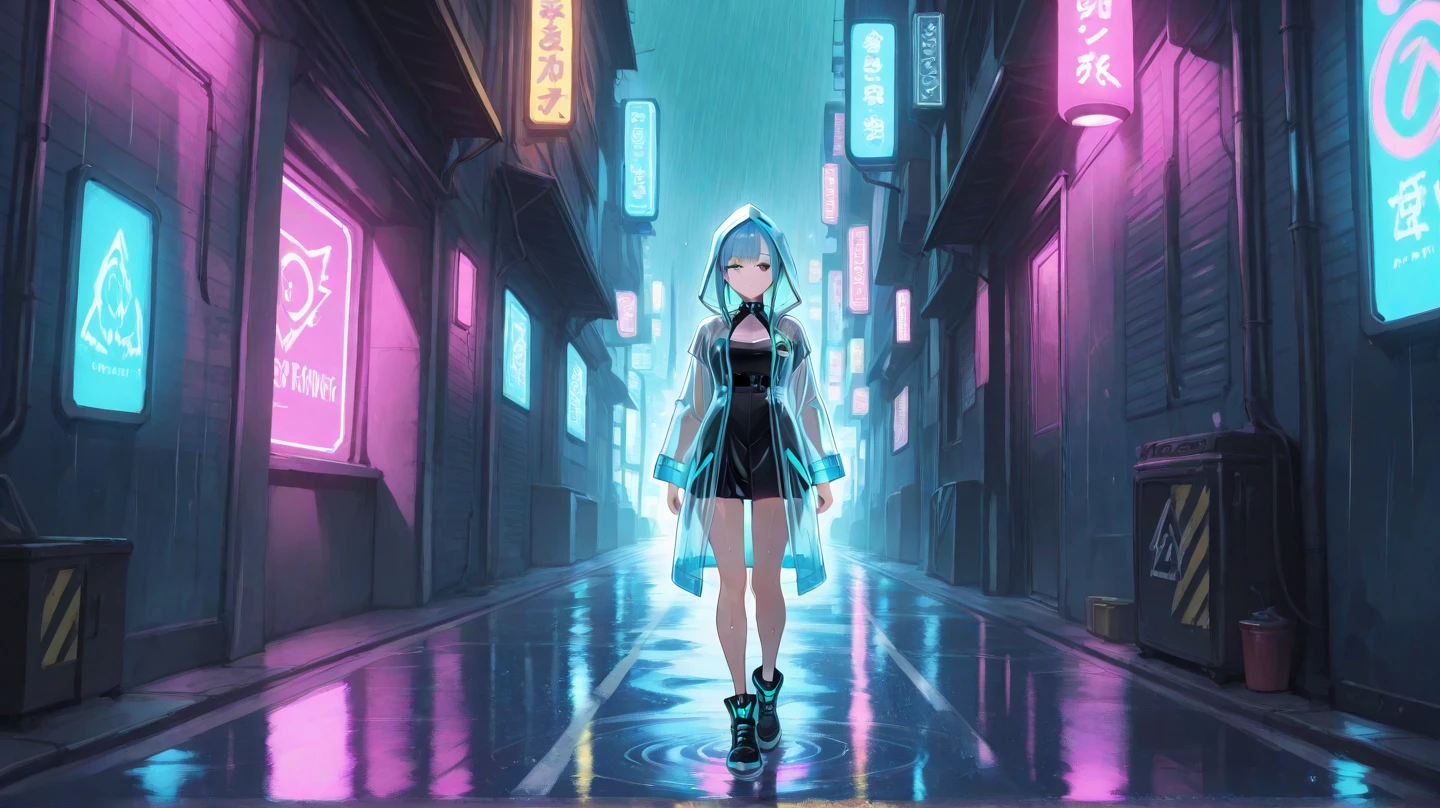 (masterpiece:1.2),
(solo:1.2),(standing:1),(from side:1.2),(looking at viewer:1.4),(full body:1.3),
(expressionless,clear face:1.2),
(attractive,absurdres:1),
(cyberpunk,science fiction,neon,fluorescent:1.4),
(outdoor,cityscape,rain,puddle,alleyway,night:1.2),
<lora:Plastic raincoat_V1.0:0.6>,
(long green plastic raincoat:1.5),(translucent material:1.3),(see-through:1.3),
<lora:hipoly3DModelLora_v20:0.2>,
<lora:flat2:-0.5>,
 <lora:rebecca_v1:0.7>,
(black hairband, twintails, mechanical eye, colored sclera, red sclera, colored skin, white skin, leg tattoo, neck tattoo, green hair, small breasts, black bra, thong, fang, red pupils, skin fang, red eyes,sneaker:1)