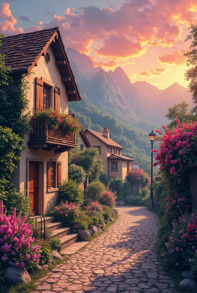 er, mountains in the background, floral flowers colorful, detailed landscape, Beautiful natural landscapes, atmospheric lighting, scorching sunset, warm colours, practical, photopractical, Detailed Foliage, complex buildings, cobblestone street, Charming country house, swirly vibrant colors, lush vegetation, Still water reflections, Picturesque, idyllic, work of art, best qualityer, 8k, extremely detaild,anime styling