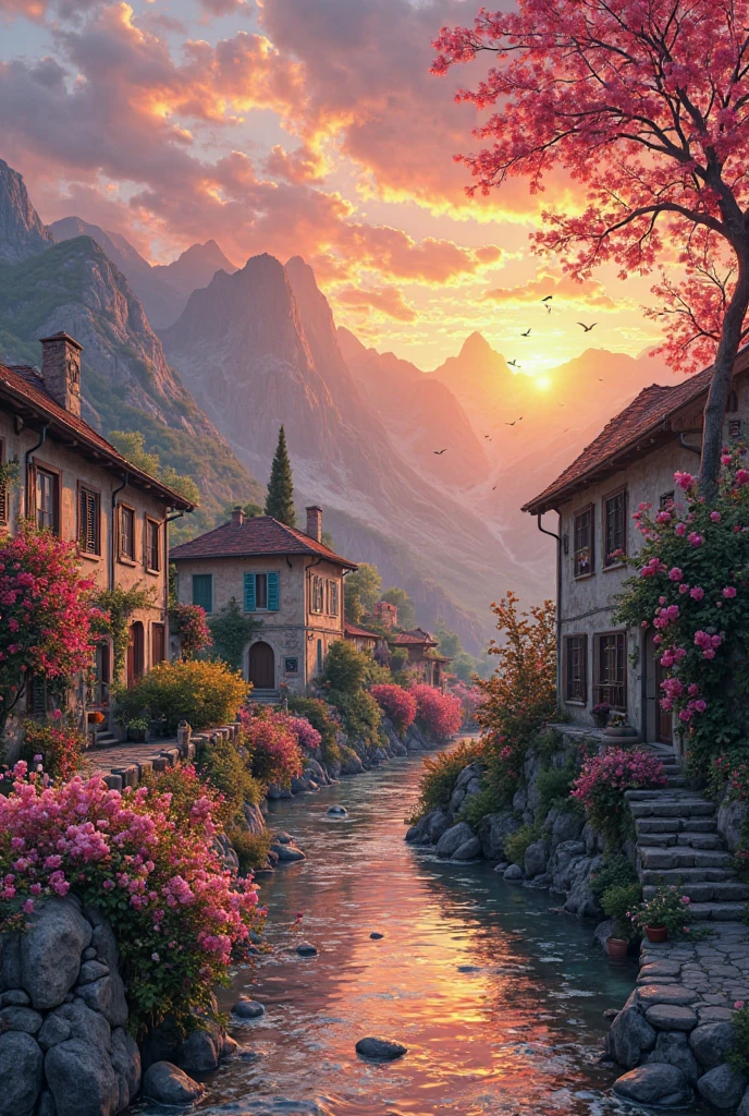 er, mountains in the background, floral flowers colorful, detailed landscape, Beautiful natural landscapes, atmospheric lighting, scorching sunset, warm colours, practical, photopractical, Detailed Foliage, complex buildings, cobblestone street, Charming country house, swirly vibrant colors, lush vegetation, Still water reflections, Picturesque, idyllic, work of art, best qualityer, 8k, extremely detaild,anime styling