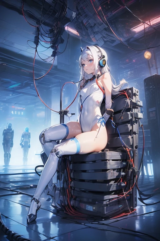 (((masutepiece))), (((Best Quality))), ((Ultra-detailed)), (High Definition CG Illustration), ((extremely delicate and beautiful)),(From Side),Cinematic Light,((1mechanical girl)),Solo,Full body,(Machine-made joints:1.2),((Mechanical marginal vessels connected to tubes),(mechanical vertebra attaching to the back),((mechanical cervial attaching to neck)),(Sitting),deadpan,(wires and cables attaching to neck:1.2),(wires and cables on head:1.2)(Character Focus),Science fiction,White background, ighly detailed,Colorful,highest details