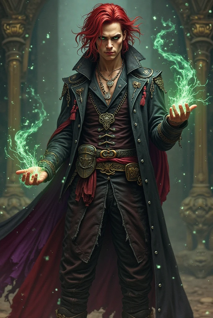 Half-elf fantasy bard mage, mid-30s, lean and charismatic build, inspired by Johnny Depp — with sharp, expressive  features and a mysterious, captivating presence. Blood-red, shoulder-length wavy hair, slightly messy and wild, paired with striking emerald-green eyes that glow with arcane intensity. He wears an elegant and eccentric outfit, blending noble fashion and rockstar flair: a long dark coat with silver embroidery, layered belts, tall leather boots, and fingerless gloves. His clothing features shades of black, deep crimson, and violet, with subtle glowing runes along the edges. A soft magical aura surrounds him, with floating musical notes and arcane glyphs swirling in the air. He doesn’t carry instruments — instead, magical energy flows through his hands as if ready to conjure sound into power. His stance is theatrical and bold, like a performer in full control of the stage. Fantasy art style, high detail, cinematic lighting, intense and stylish atmosphere.