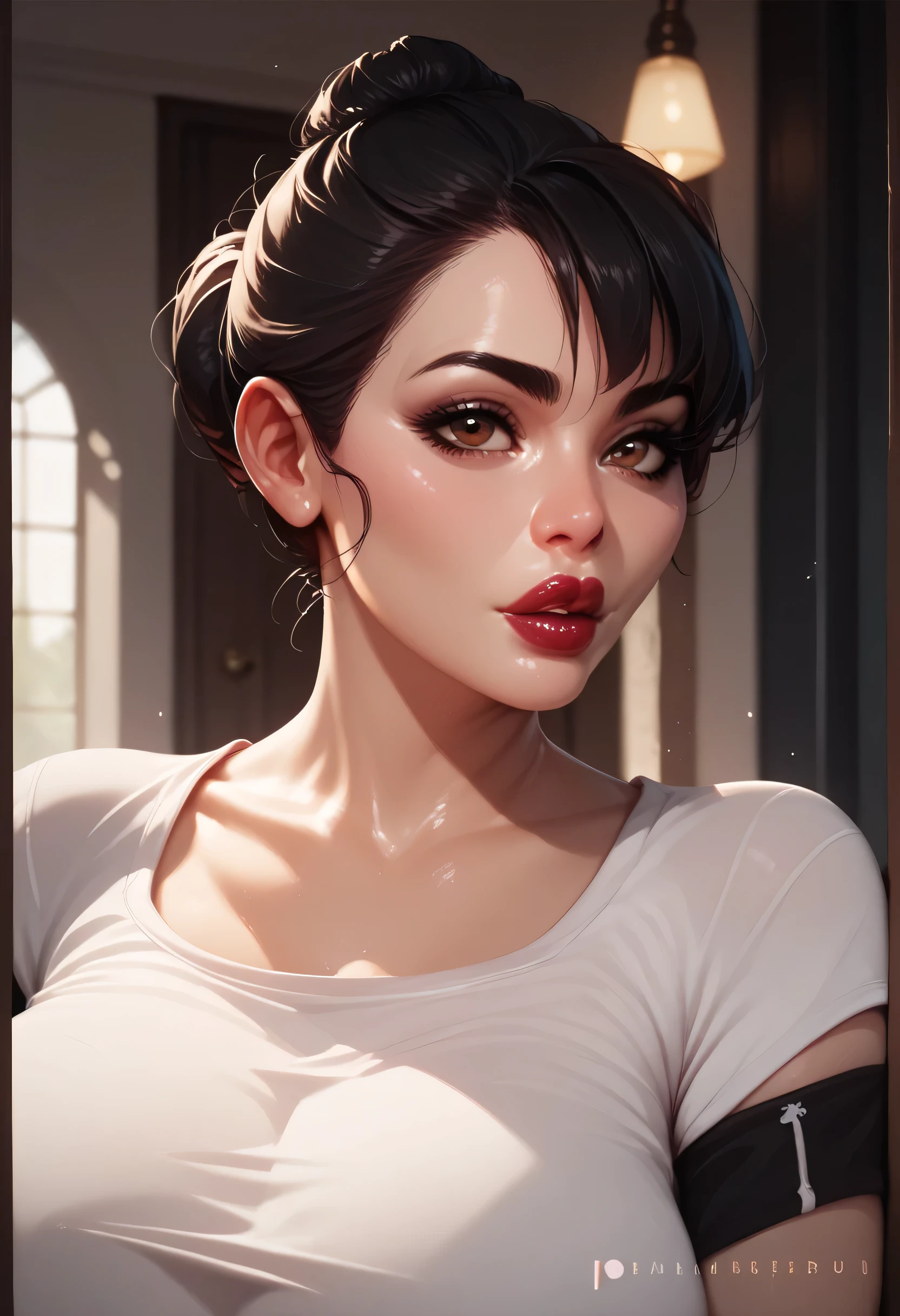 realistic, black bun hair kont top, black eyebrows, brown eyes, red thick lips, perfect face, (large breasts), (white t-shirt)