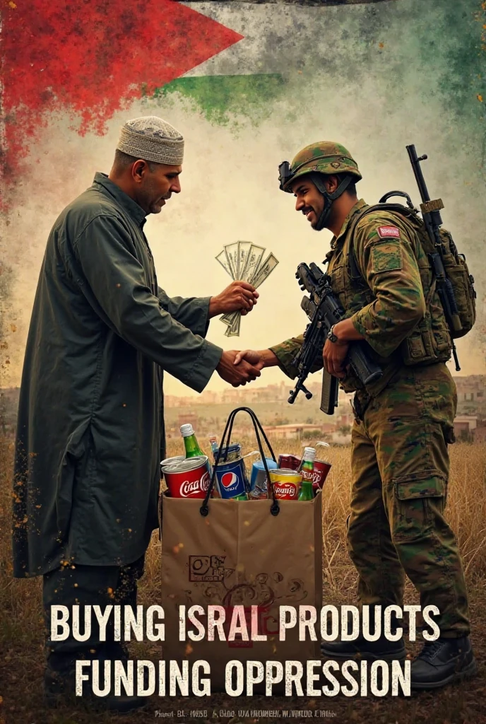À gauche
Un émir avec une liasse d’argent.
Il lance cette cette argent comme des paillettes sur un soldat israélien.
Ce soldat vise une fille située à gauche.
Cette fille est blessé et affamé.
Dérriere elle des maisons en ruines et des jouets dechequete