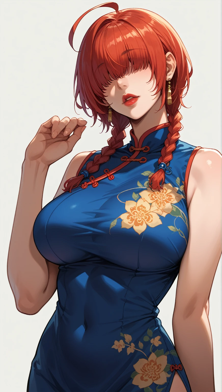 ((masterpiece)), high quality, very_high_resolution, large_filesize, full color, heavy outline, clear outline, colorful, (beautiful detailed eyes), (beautiful face:1.3), (boyish face:1.3), 1 girl, (femaleranma), (red hair), short hair, (braided ponytail), ((bangs)), bumpy bangs, blue-gray eyes, big breasts, curvy, black-wristbands, femaleranma, braided ponytail, chinese clothes, sleeveless, tangzhuang, black pants, cameltoe, standing, upper body, front view, smile