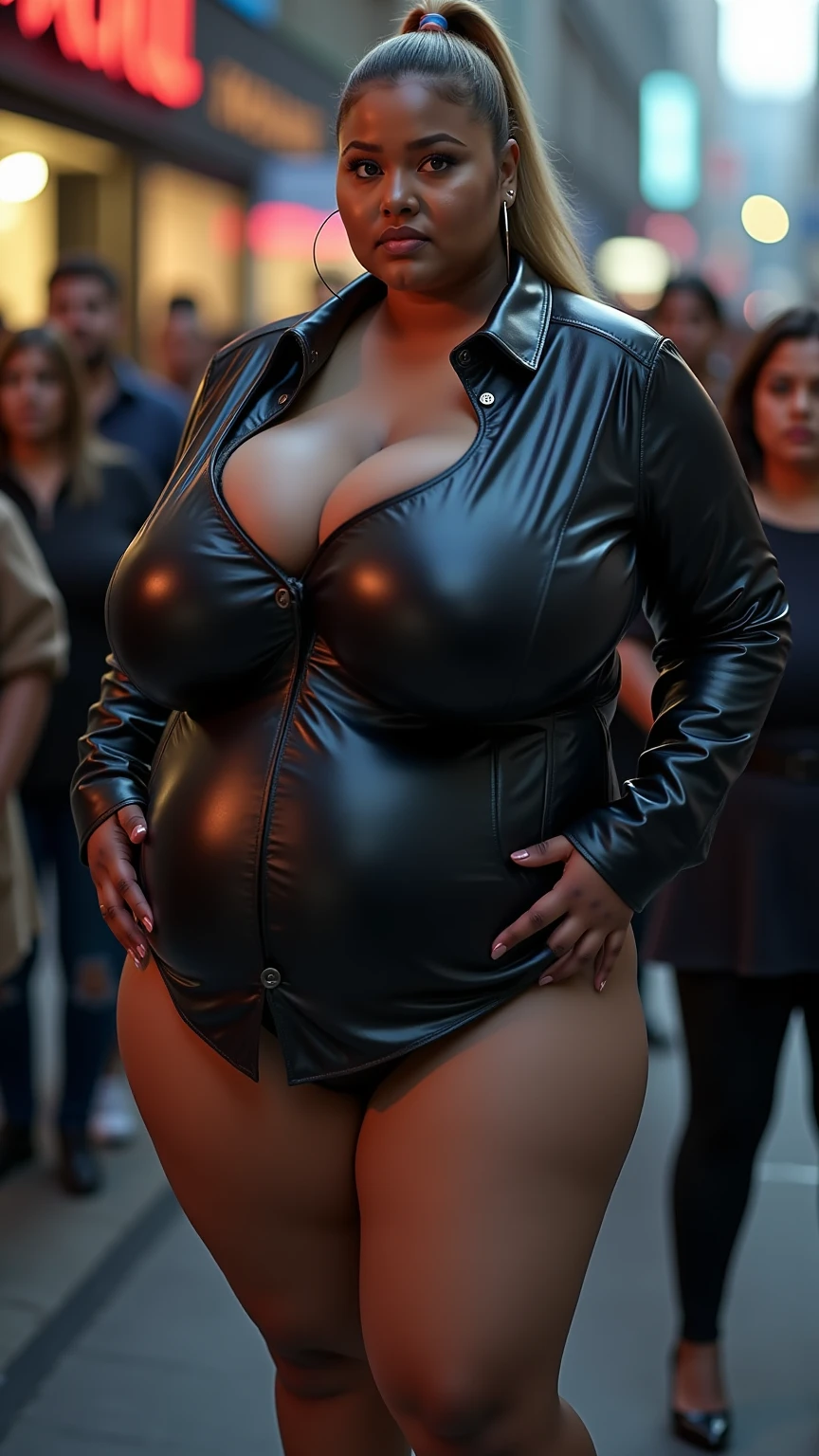 score_9, score_8_up, score_7_up, score_6_up, source_real, raw, photo, realistic, photograph, mature african woman, dark-skinned female, dark skin, pregnant, cowboy shot, naked, black hair, huge breasts, sagging breasts, dark nipples, curvy body, wide hips, thick thighs, pubic hair, pixie cut, black eyes, breasts out, leather jacket, black wrist gloves, black leather thigh_boots, expressionless, sweating, standing still, abandoned, city, night, detailed pussy, detailed eyes, realistic hyper-detailed