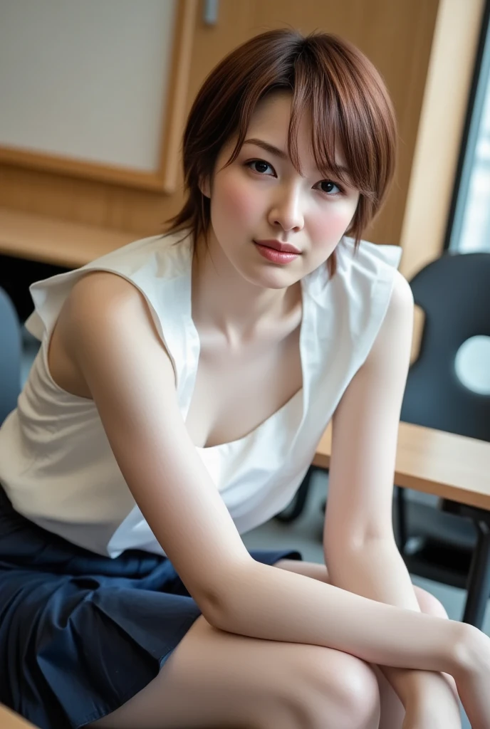 4086kbit,Attention to detail,The Truth About Skin and Skin Texture,
(Trendy fashion for work, Crew neck short sleeve T-shirt, Long skirt, Beautiful bare legs:1.6)
(naked, The shape of the nipples is visible,Beautiful thighs,Ultra-detailed skin,Small pores in the skin:1.4),
((Her body is incredibly beautiful and stylish, She has an angry look:1.4)),
((Sitting on a transparent chair in the bathroom, Cross-legged, Nipples are visible through the gaps in the clothes, Touching the crotch:1.6)),
((Age 25, Ayano Sumita's beautiful breasts, Naughty lips, Sexy body, Body facing sideways:1.4)),
((Small breasts, Flat Chest, chest is slightly drooping, Pink nipples:1.2)),
((Glass-walled bathroom, Chic Wallpaper, Spotlight:1.2)),
Eye focus, Narrow shoulders, Beautiful clavicle, Thin arms, Thin legs, The back of the hand is beautiful and feminine, Slim figure, Soft belly, Tight waist, Highly detailed face, super detailed breasts, Ultra-detailed skin, Fair skin, Shiny skin, Ultra-detailed lips, Fuller lips, Thick and soft lips, Glossy pink lips, Blushing, White teeth, blue eyes, Beautiful actress makeup, Intense and cute makeup, Pink lipstick, Dark brown hair, Delicate and soft hair, (Put your hair up, Fluffy short bob:1.2), (Sweep your bangs to the side:1.2), (Stylish earrings,necklace:1.2),