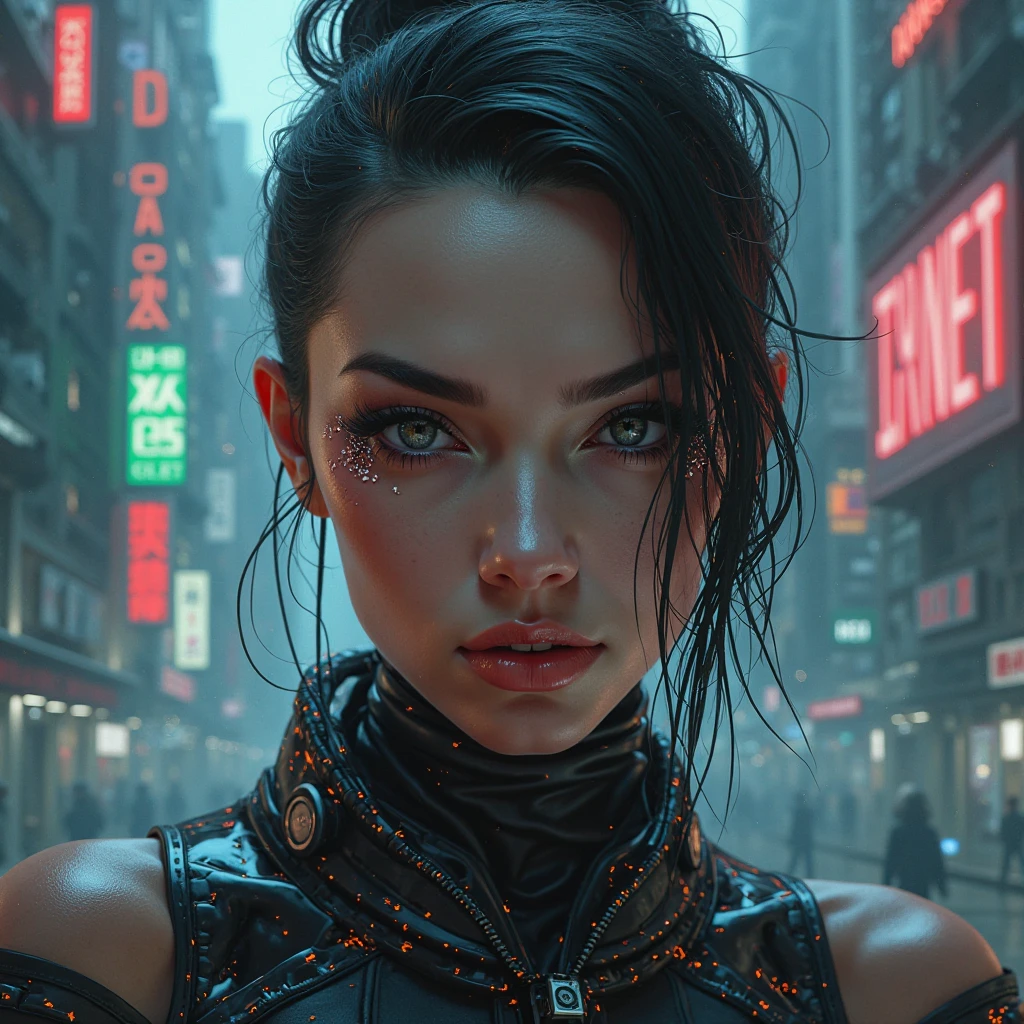 A Close-Up Portrait of a Futuristic Pretty sexy Woman, in Cyberpunk Dystopian Style